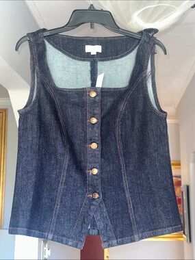 NWT LOFT Dark Indigo Denim Square Neck Vest with Contrast Stitching Sz M